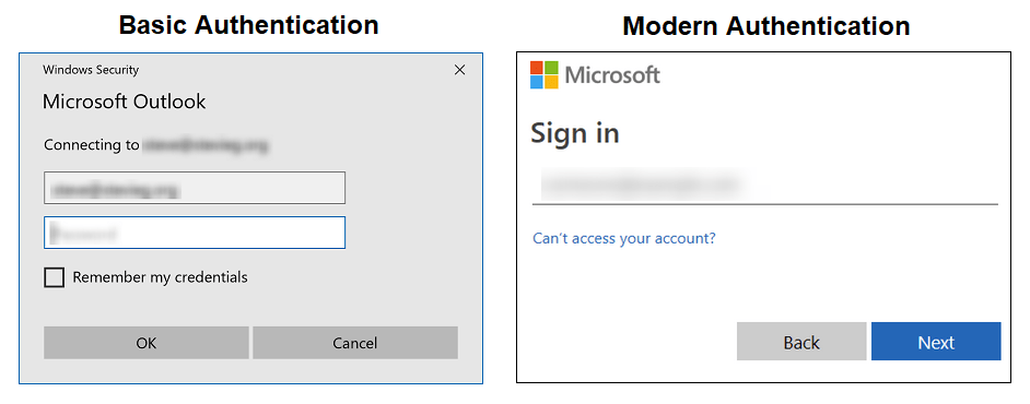 De verschillen tussen het inlogscherm van Microsoft 365 met Basic Authentication en met Modern Authentication.