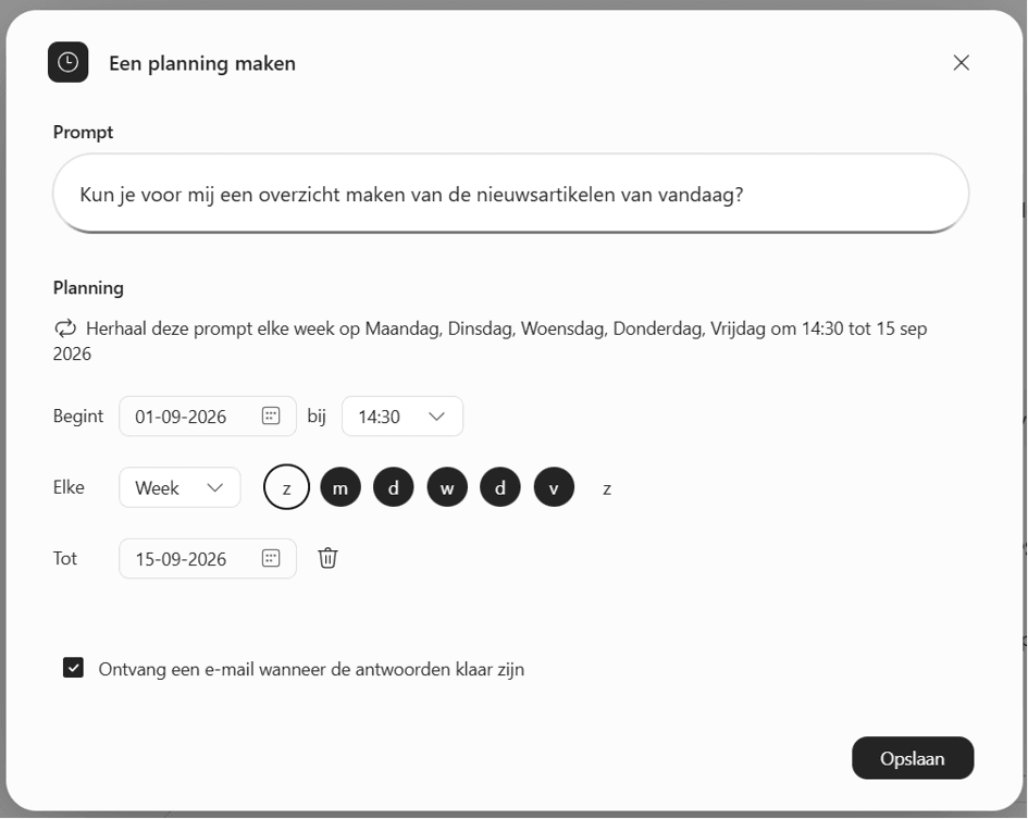 Screenshot een planning prompt maken in Copilot